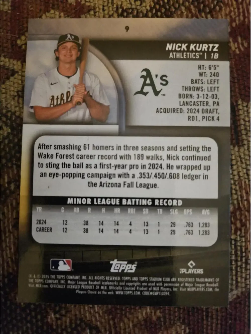2025 Topps Stadium Club - Nick Kurtz -  #9 (RC) Rookie Card A's